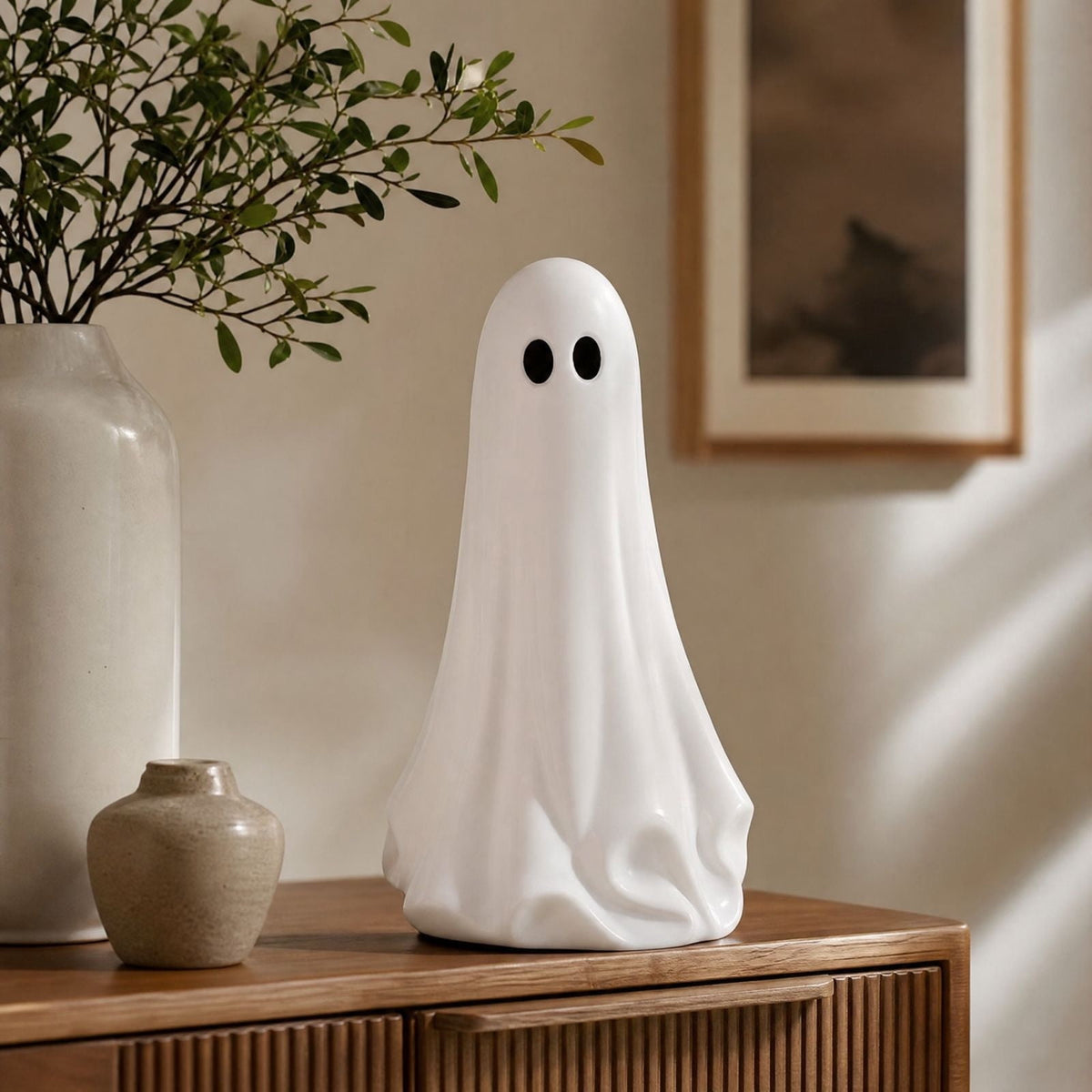 Large Ghost with Bow Tabletop Decoration, Halloween Ghost Figurine, Spooky 3D Print Statue For Mantel Shelf Entryway Table Fall Holiday Decoration, Black and White, 20"