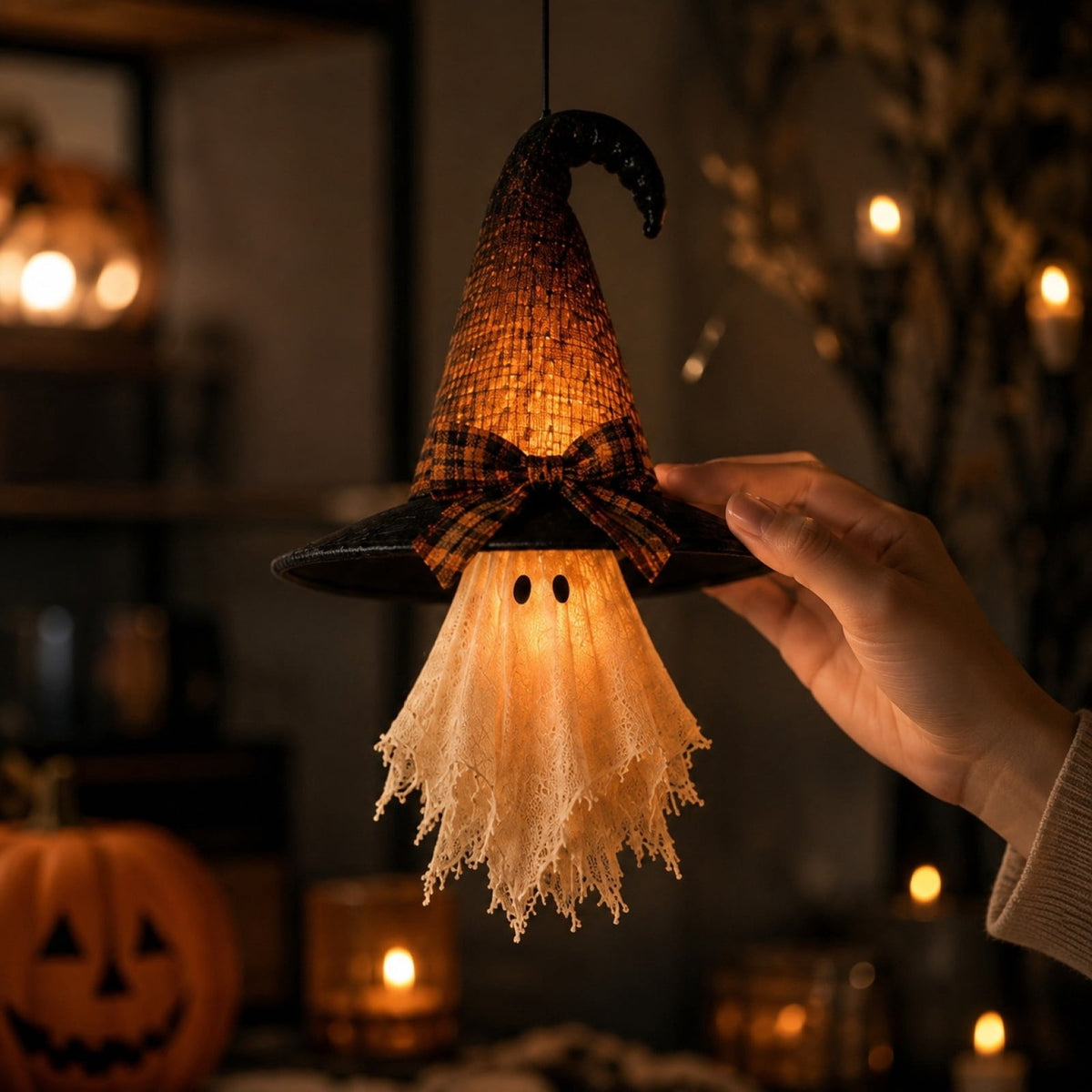 Witch Hat Ghost Pendant Light, Warm LED Hanging Ghost Ornament, Vintage Style Halloween Decor for Window, Porch and Indoor Party Display, 5.91 Inch Height