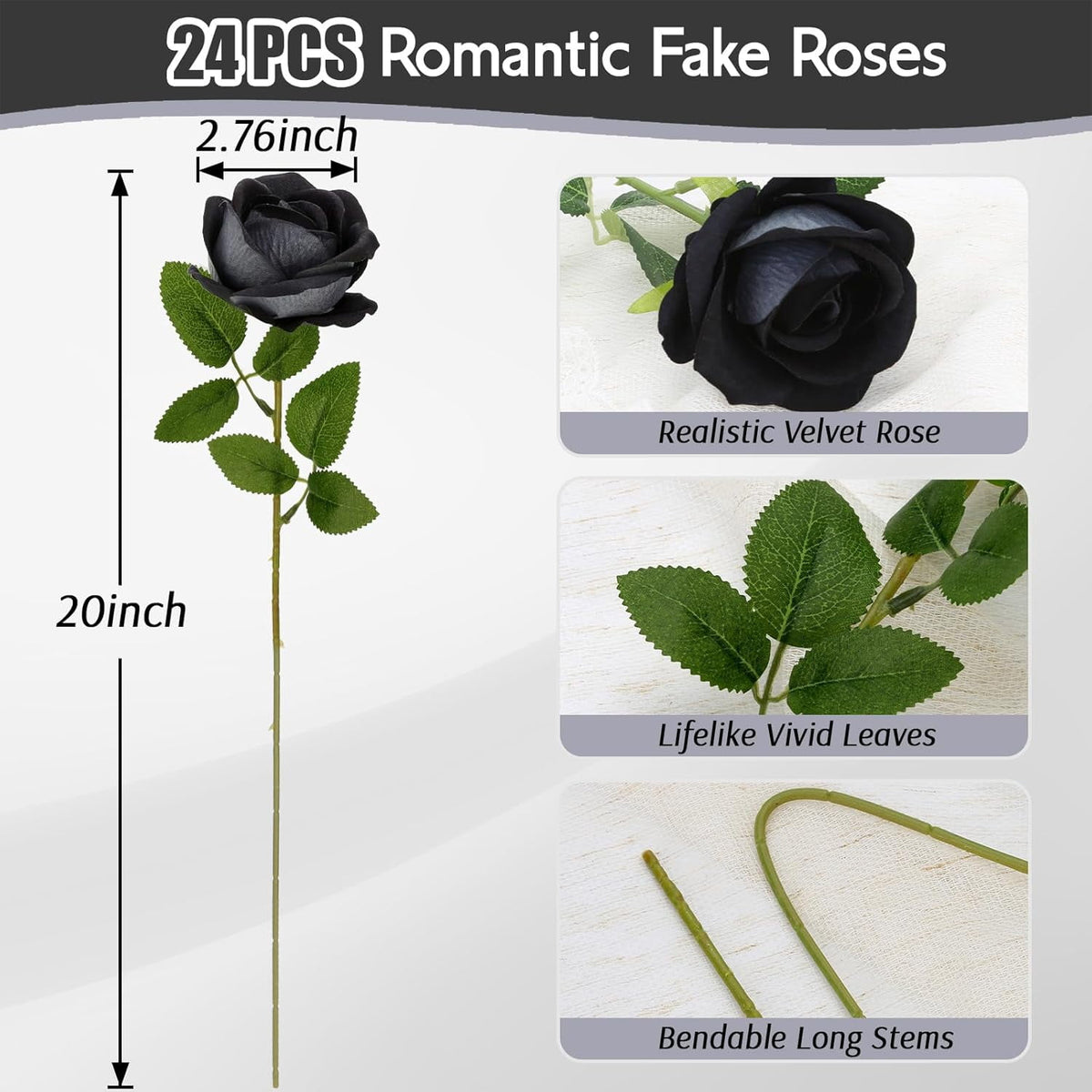 24Pcs Black Velvet Artificial Roses, Realistic Fake Roses Bouquet, Gothic Dark Silk Flowers for Wedding Centerpiece, Halloween Decor, Home Table Decor
