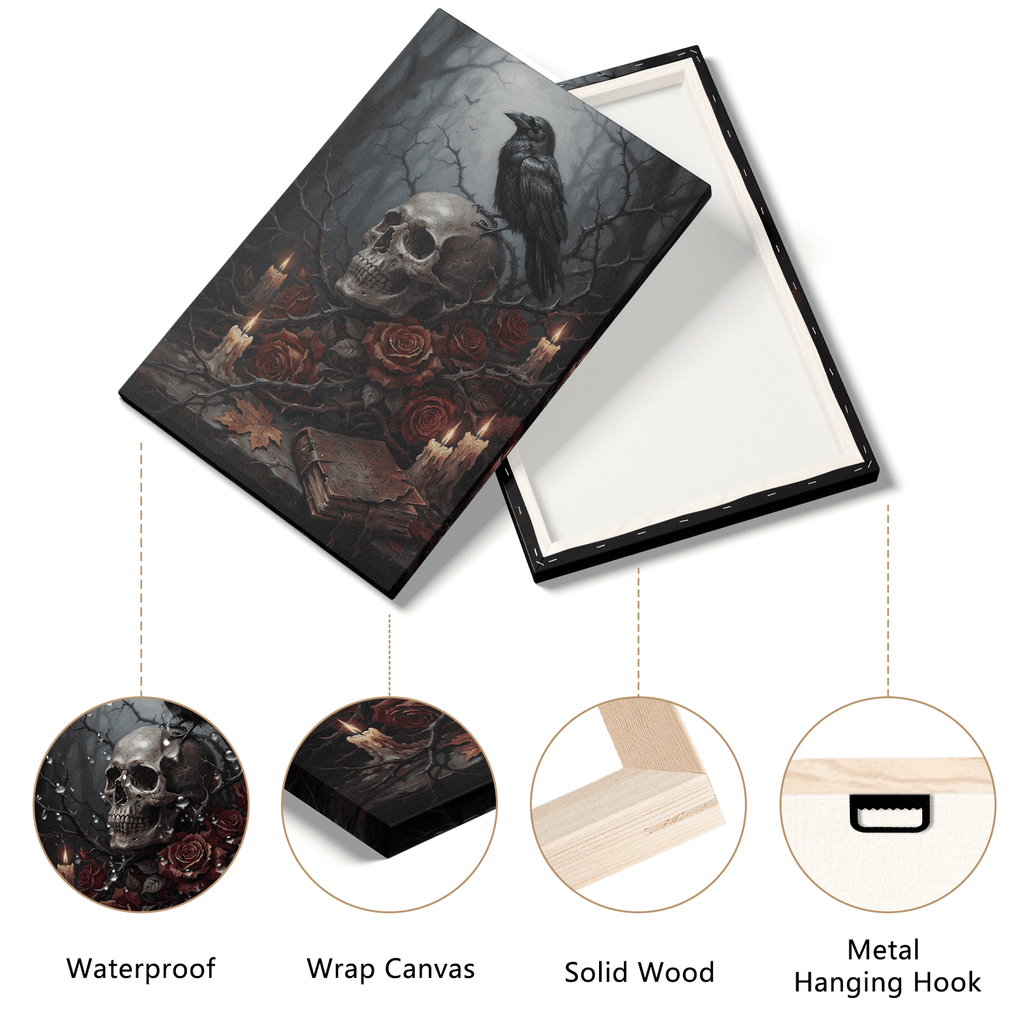 Gothic Halloween Canvas Wall Art with Crow Skull and Rose Picture Print, Spooky Atmosphere Dark Academia Vintage Painting for Living Room Bedroom Home Office Decor