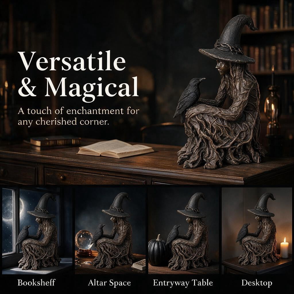 Witch Statue, Gothic Witch and Raven Figurine, Mystical Resin Tabletop Decor for Home, Shelf, Mantel, Office & Halloween Decoration