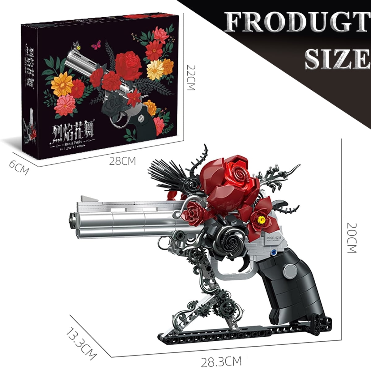 Cabeeskii Gothic Rose Revolver Building Block Set, 631 Pcs Movable Model with Red Roses, 9.2"x7.9" Dark Art Sculpture for Home Decor