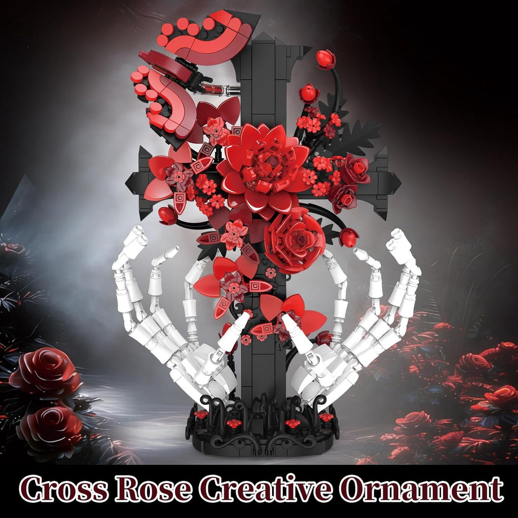 Gothic Cross Roses Building Set, Skeleton Hands with Flowers Botanical Collection Kit for Adults Women, Horror Goth Decor for Home Office, Gift for Her for Birthday/Halloween/Valentines Day/Christmas