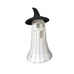 Handwoven Wicker Ghost with Detachable Witch Hat Lid - Rustic Rattan Style Spooky Lantern Centerpiece Halloween Decoration, Dark Botanical & Farmhouse Tabletop Mantle Decor, 13.78", Black & White