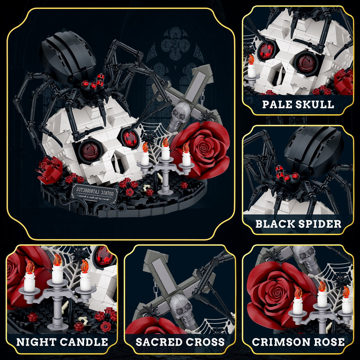 Gothic Skull Black Spider Building Block Sets with Rose, 858Pcs Dark Horror Art Decor Collectible, Halloween Gift for Teens Adults 14+