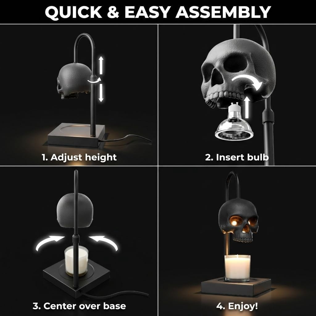 Skull Candle Warmer Lamp with Timer and Dimmer *Candles NOT Included – Black Gothic Candle Lamp Warmer w/Adjustable Height, 2 Light Bulbs – Skull Decor, Goth Gothic Decor Spooky Home & Witchy Gifts