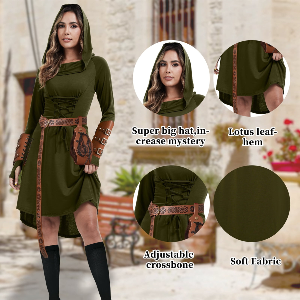 MYATED 5 Pcs Womens Renaissance Costumes Medieval Vintage Hooded Dress, Gothic Costume Fairy Dress Suitable for Halloween Cosplay (Green,M)