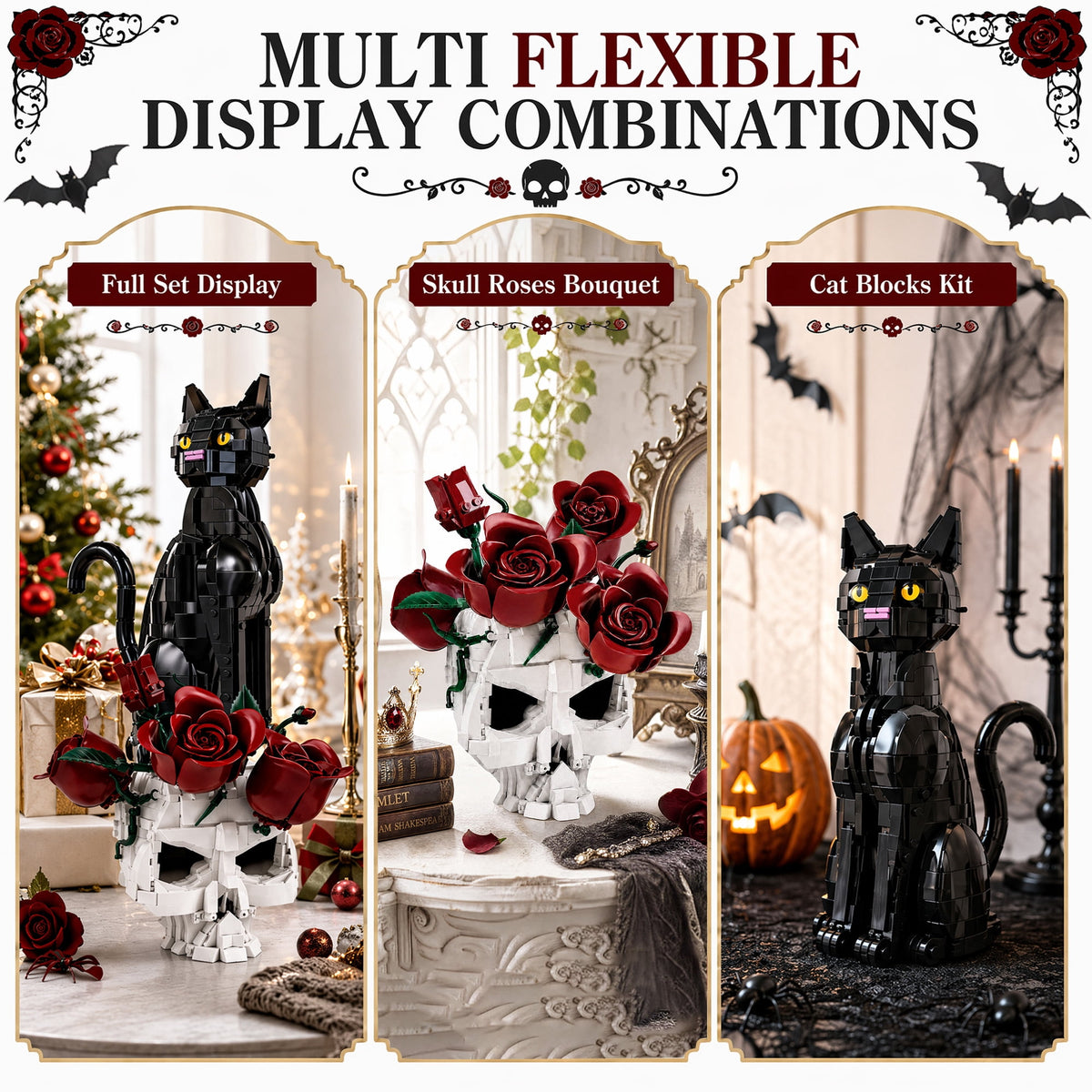 Gothic Cat & Skull Building Set, Dark Aesthetic Black Cat and Rose Display Model, Gothic Art Home Decor, Decorative Building Kit, Halloween Display Piece, 1542 PCS