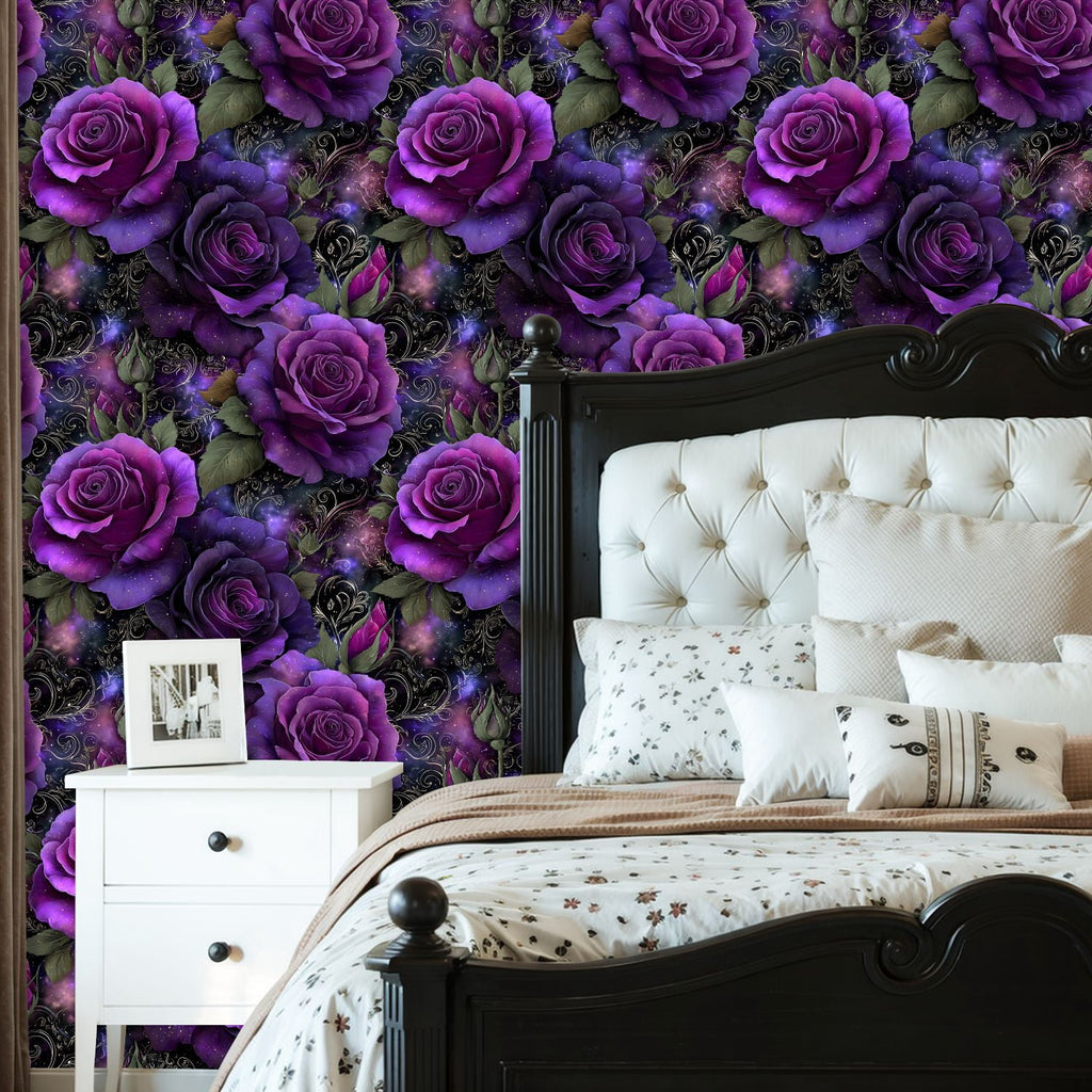 Peel and Stick Wallpaper Vintage Gothic Dark Purple Roses Damask 23.6in x 9.8ft Self Adhesive Contact Paper Removable