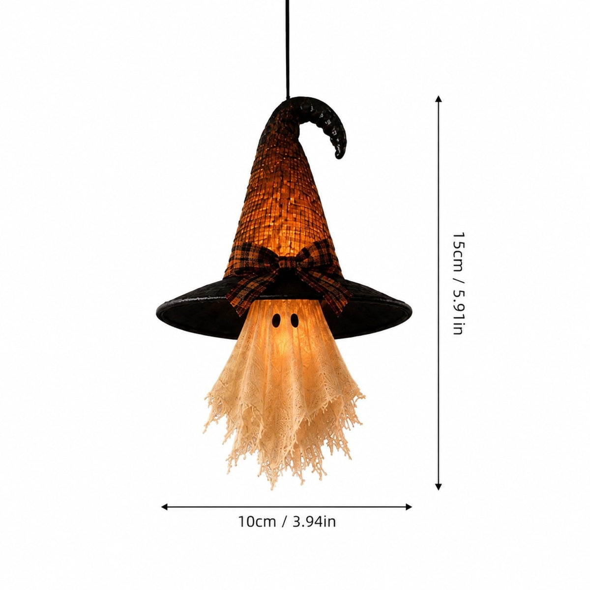 Witch Hat Ghost Pendant Light, Warm LED Hanging Ghost Ornament, Vintage Style Halloween Decor for Window, Porch and Indoor Party Display, 5.91 Inch Height