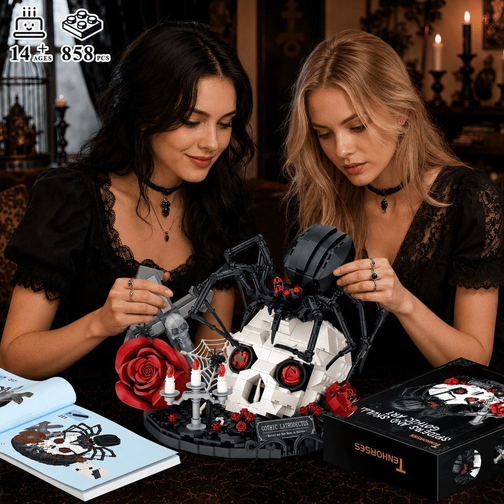 Gothic Skull Black Spider Building Block Sets with Rose, 858Pcs Dark Horror Art Decor Collectible, Halloween Gift for Teens Adults 14+