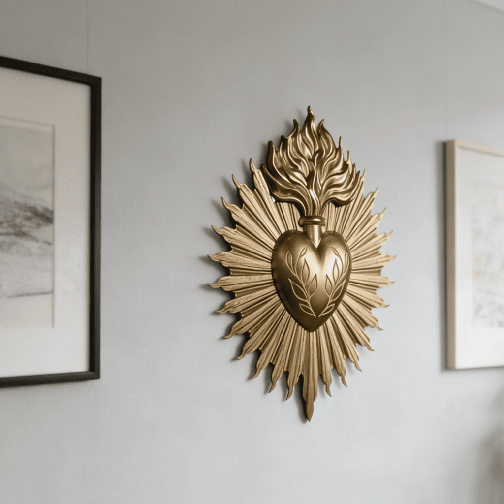 Golden Gothic Sacred Heart Wall Plaque, 9.6 x 8.1 in / 24.5 x 20.5 cm, Sacred Heart Wall Decor, Resin Heart Milagro, Ex Voto, Gothic Home Decoration Wall Hanging Ornament