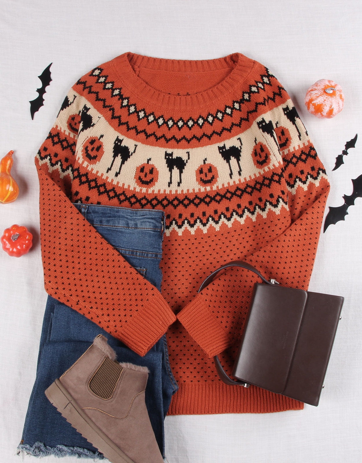 Cogild Sweaters for Women Halloween Sweater Fair Isle Knit Black Cat Pumpkin Crew Neck Pullover Fall Top