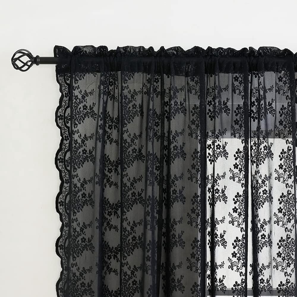 Vintage Lace Curtains 45 Inch Length-victorian Dark Floral Pattern Black Sheer Curtain Panels For Kitchen Bedroom Light Filtering Gothic Witchy Short Drapes 2 52w X 45l