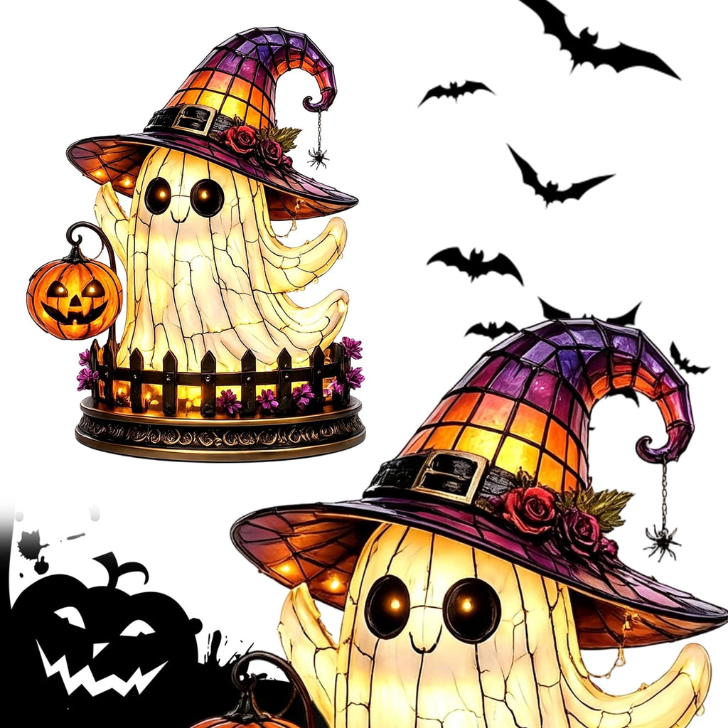 Halloween Gothic Witch Hat Night Light, Ghost Pumpkin Figurine Stained Glass Style Decorative Lamp