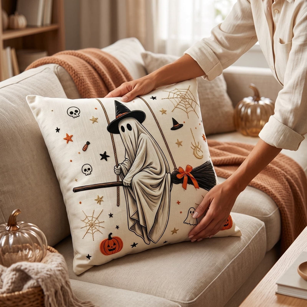 Halloween Vintage Hanging Ghost Throw Pillow, Ghost in Witch Hat Riding Broom Decorative Cushion, Farmhouse Style Pillow, for Sofa, Couch, Halloween Party Decoration, 20x20inch