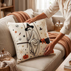 Halloween Vintage Hanging Ghost Throw Pillow, Ghost in Witch Hat Riding Broom Decorative Cushion, Farmhouse Style Pillow, for Sofa, Couch, Halloween Party Decoration, 20x20inch