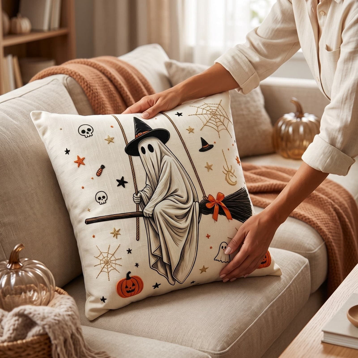 Halloween Vintage Hanging Ghost Throw Pillow, Ghost in Witch Hat Riding Broom Decorative Cushion, Farmhouse Style Pillow, for Sofa, Couch, Halloween Party Decoration, 20x20inch