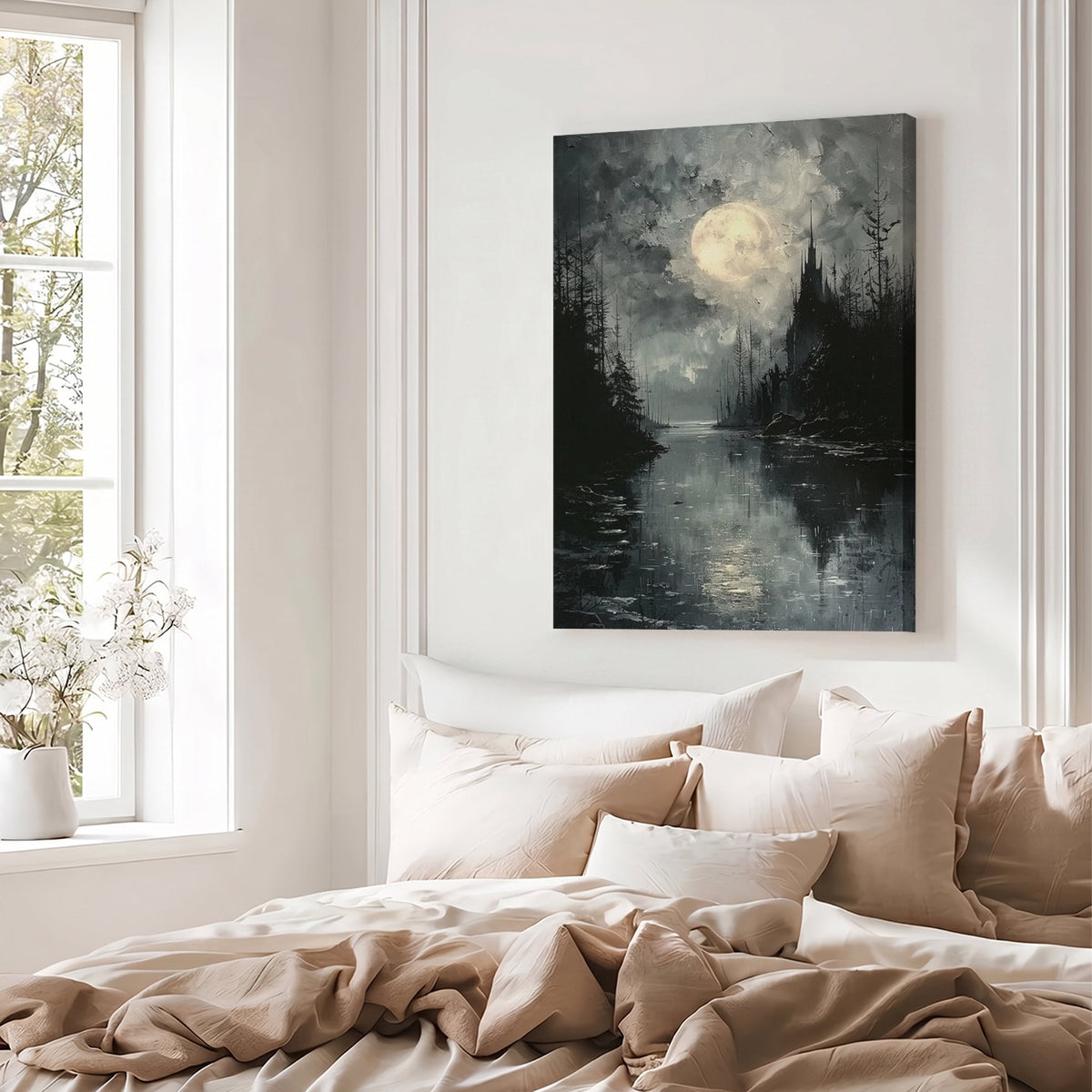 Gothic Full Moon Over Castle River Canvas Wall Art - Dark Fantasy Spooky Forest Oil Painting Print - Matte Finish Gallery Wrapped Haunted Landscape Decor Ready to Hang 16*24