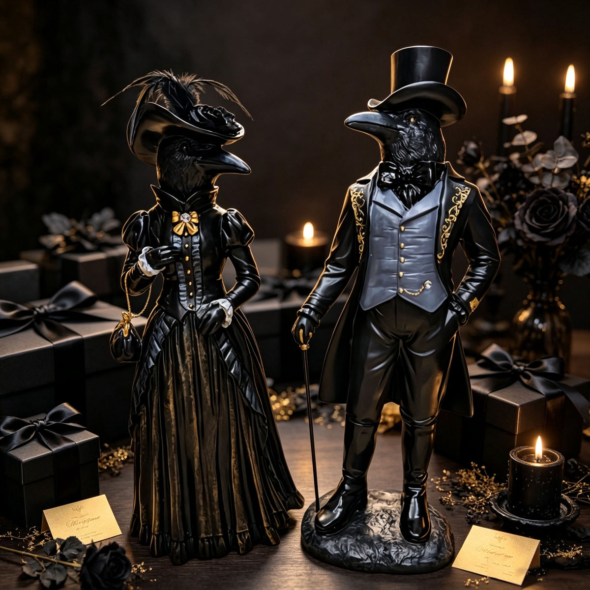 Gothic Raven Figurine Set, Victorian Raven Couple Statue, Elegant Gentleman and Lady Resin Decor, Dark Academia Tabletop Ornament for Halloween Mantel Shelf Vintage Home Display