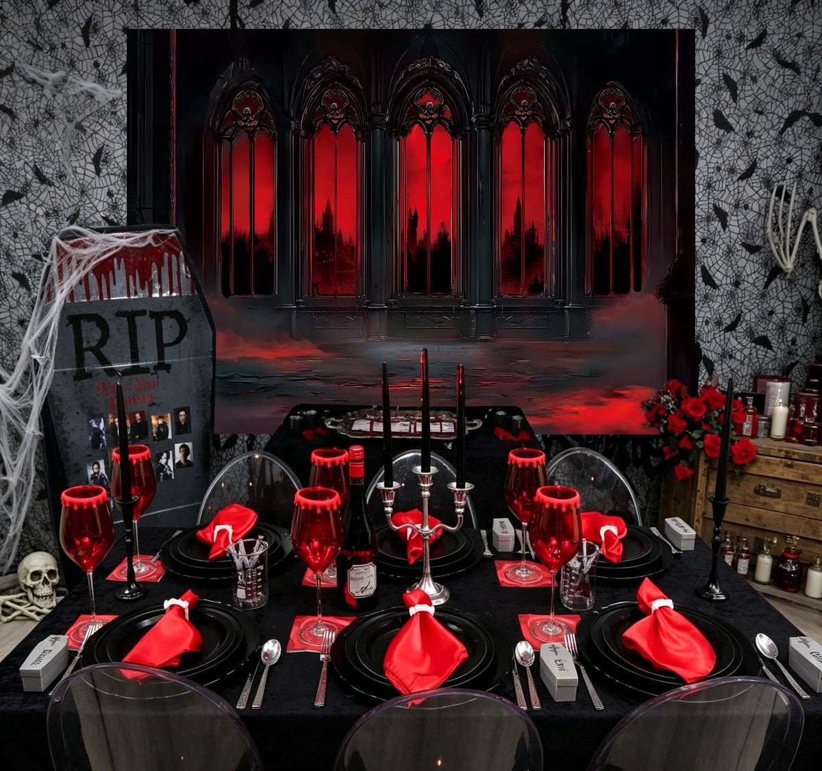 8x6FT Halloween Vintage Gothic Castle Backdrop Red Medieval Hall Photography Background for Halloween Haunted House Party Decorations Photo Props Vinyl