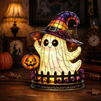 Halloween Gothic Witch Hat Night Light, Ghost Pumpkin Figurine Stained Glass Style Decorative Lamp