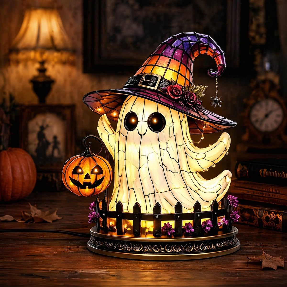 Halloween Gothic Witch Hat Night Light, Ghost Pumpkin Figurine Stained Glass Style Decorative Lamp