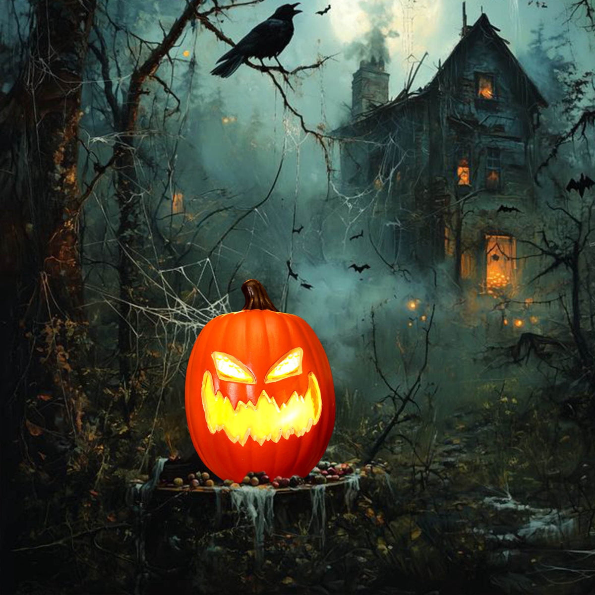 Halloween Oblong Jack O Lantern Pumpkin, Evil Eye Jack O Lantern LED Light Fanged Blow Molded Pumpkin Figurine for Covered Porch Yard Indoor Gothic Party Home Decor