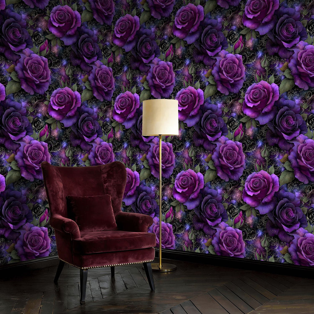 Peel and Stick Wallpaper Vintage Gothic Dark Purple Roses Damask 23.6in x 9.8ft Self Adhesive Contact Paper Removable