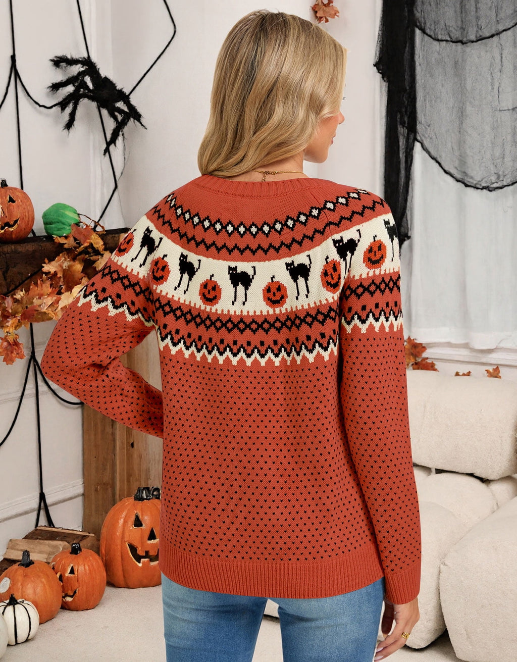 Cogild Sweaters for Women Halloween Sweater Fair Isle Knit Black Cat Pumpkin Crew Neck Pullover Fall Top