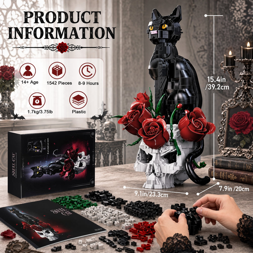 Gothic Cat & Skull Building Set, Dark Aesthetic Black Cat and Rose Display Model, Gothic Art Home Decor, Decorative Building Kit, Halloween Display Piece, 1542 PCS