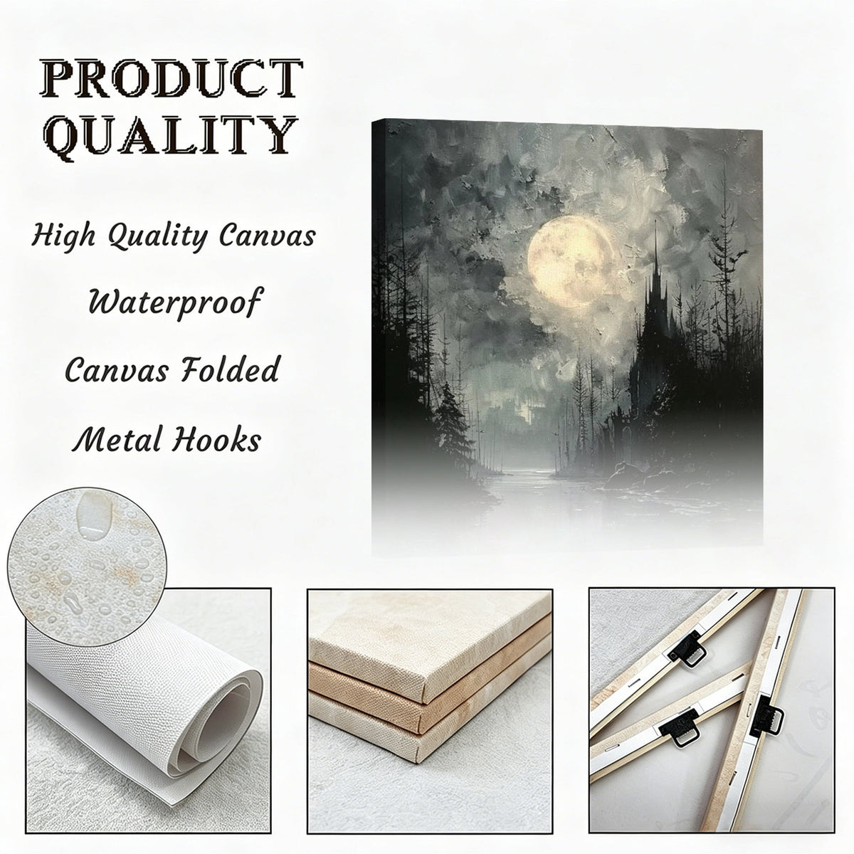 Gothic Full Moon Over Castle River Canvas Wall Art - Dark Fantasy Spooky Forest Oil Painting Print - Matte Finish Gallery Wrapped Haunted Landscape Decor Ready to Hang 16*24