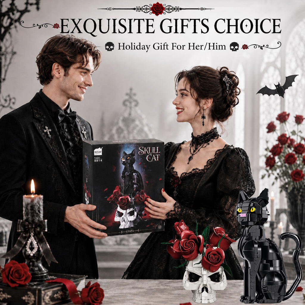 Gothic Cat & Skull Building Set, Dark Aesthetic Black Cat and Rose Display Model, Gothic Art Home Decor, Decorative Building Kit, Halloween Display Piece, 1542 PCS