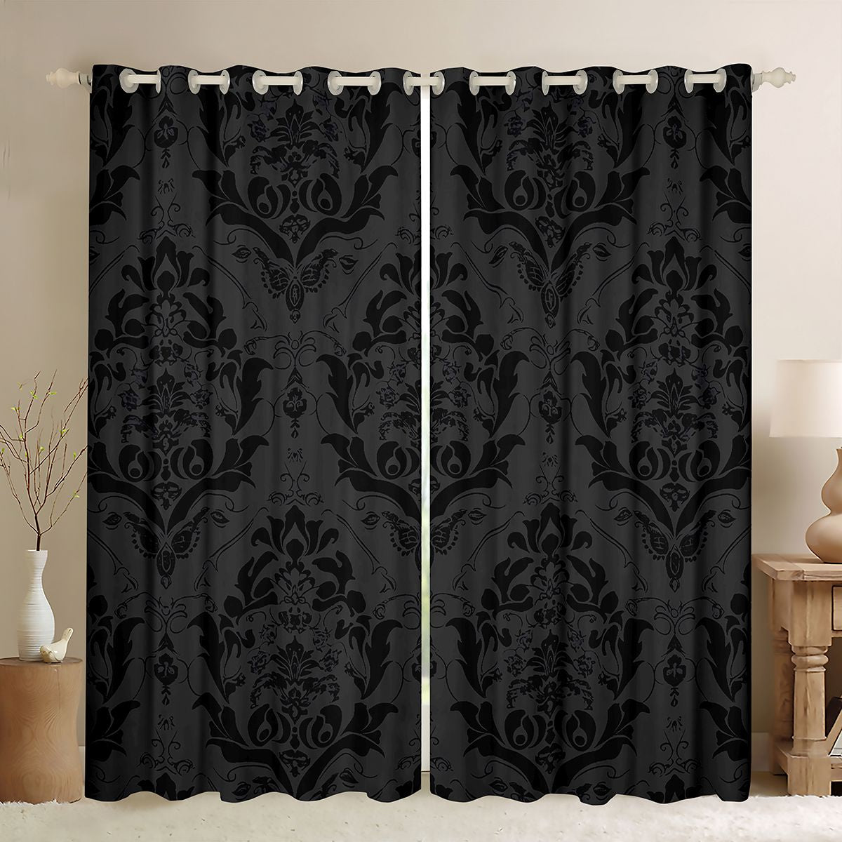 Horror Spacez Vintage Baroque Flower Black Out Curtains,Gothic Damask Curtains Pack of 2