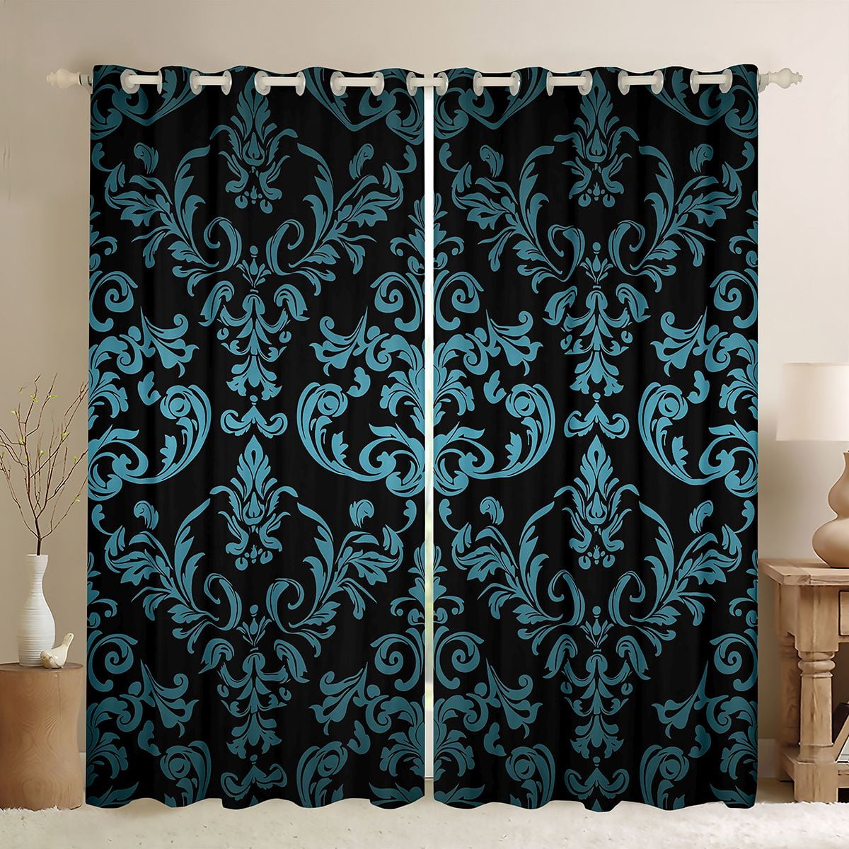 Horror Spacez Vintage Baroque Flower Black Out Curtains,Gothic Damask Curtains Pack of 2