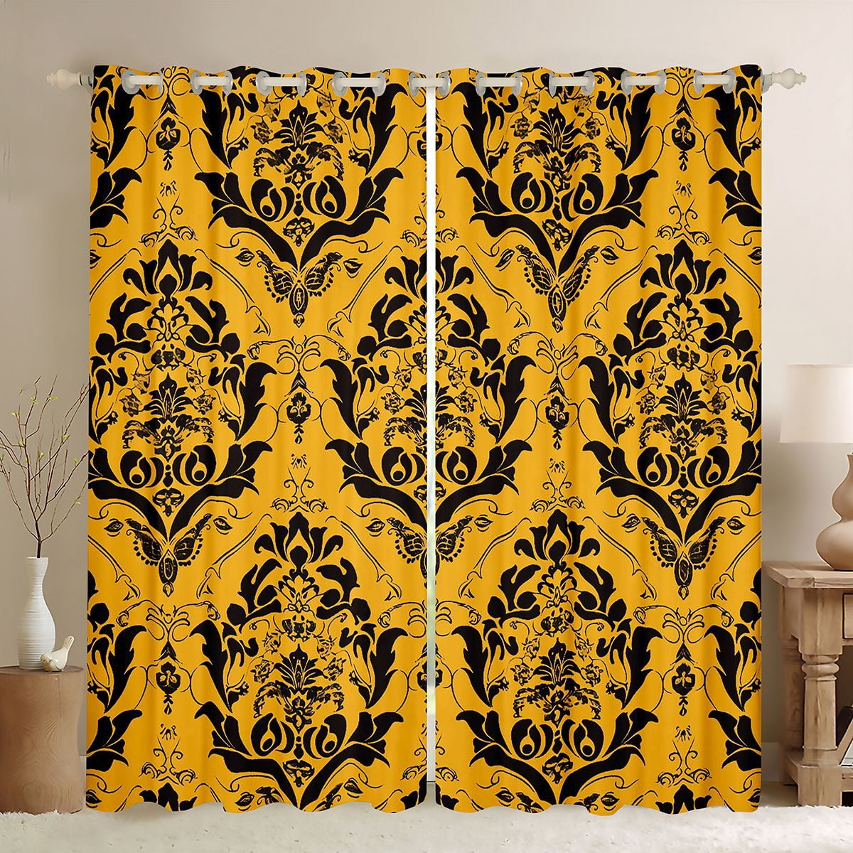 Horror Spacez Vintage Baroque Flower Black Out Curtains,Gothic Damask Curtains Pack of 2