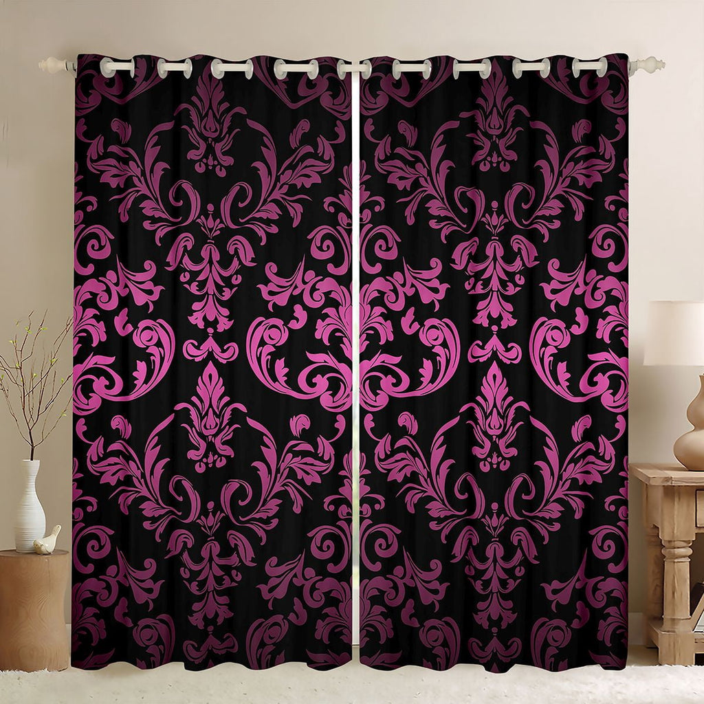 jejeloiu Vintage Baroque Flower Black Out Curtains,Gothic Damask Curtains Pack of 2 (42x63 Each),Pink Black Bedroom Curtains For Adults,Microfiber Bedroom Decor
