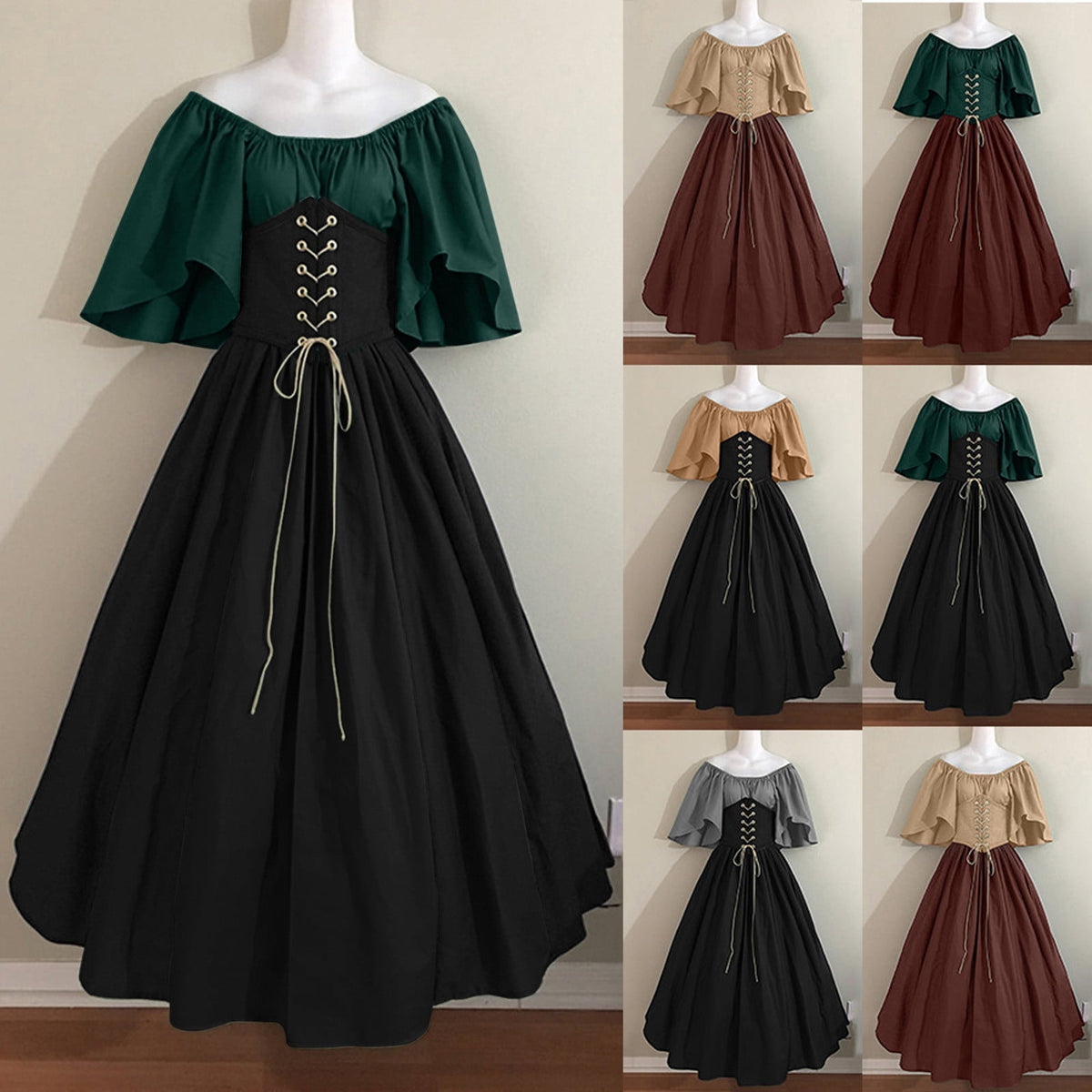 Horror Spacez Women Medieval Dress Plus Size Lace Up Corset Dress Halloween Gothic Elegant Queen